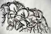 melee des rugbymen, dessin au lavis de l'artiste peintre du rugby marine assoumov